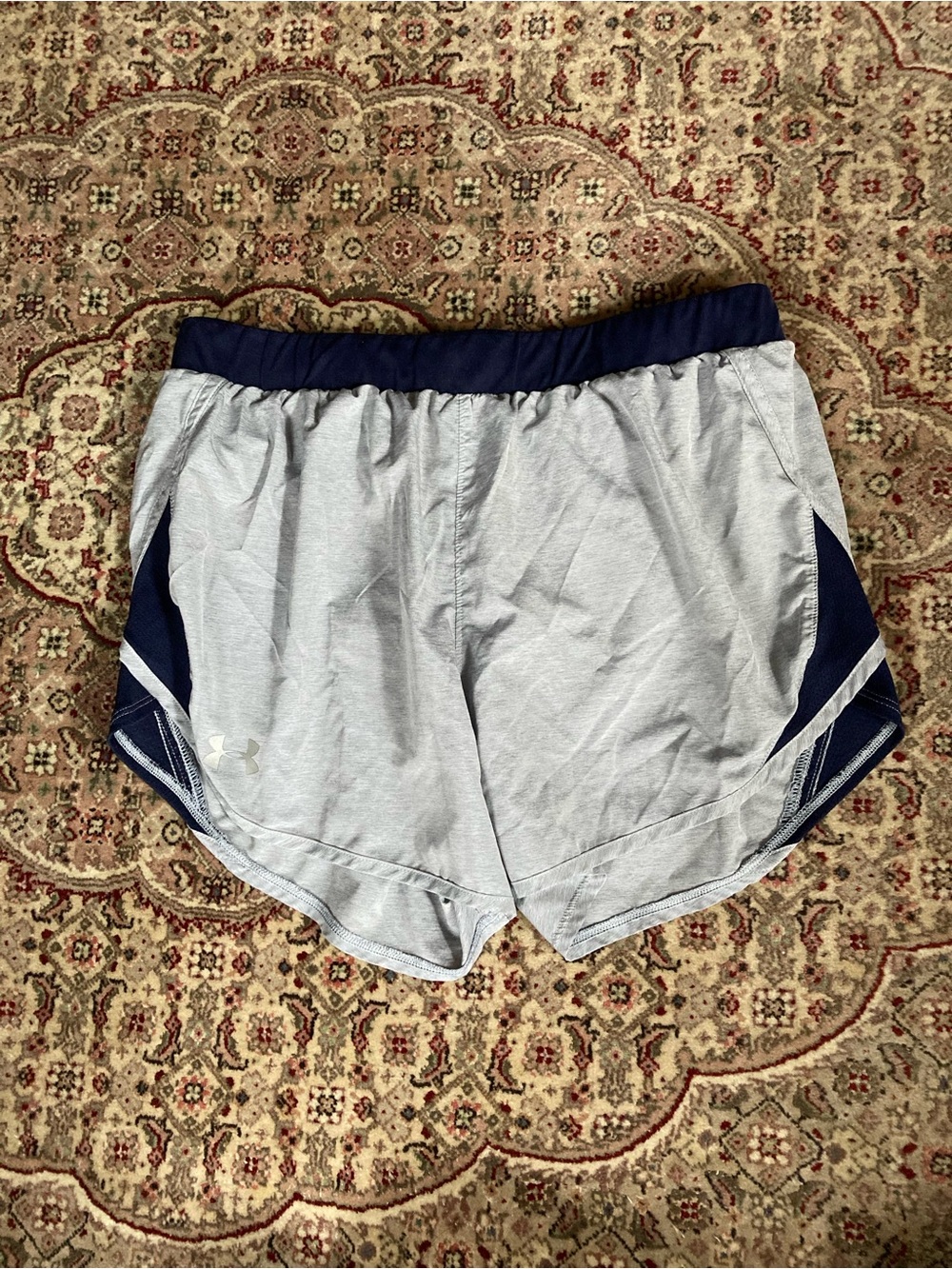 Under Armour gray & navy shorts with navy blue side panels, size M, tie waist